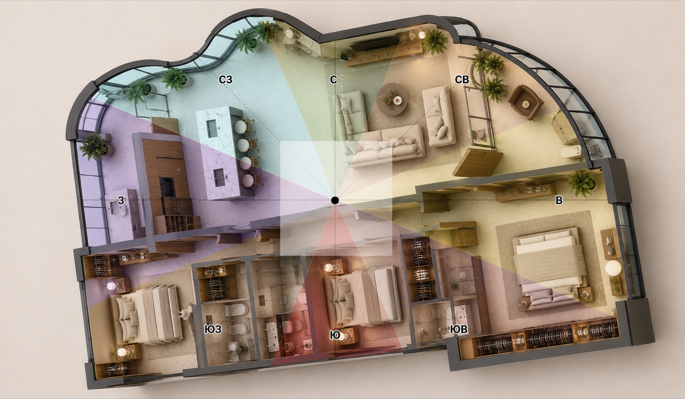 Mapa vastu de um apartamento com setores